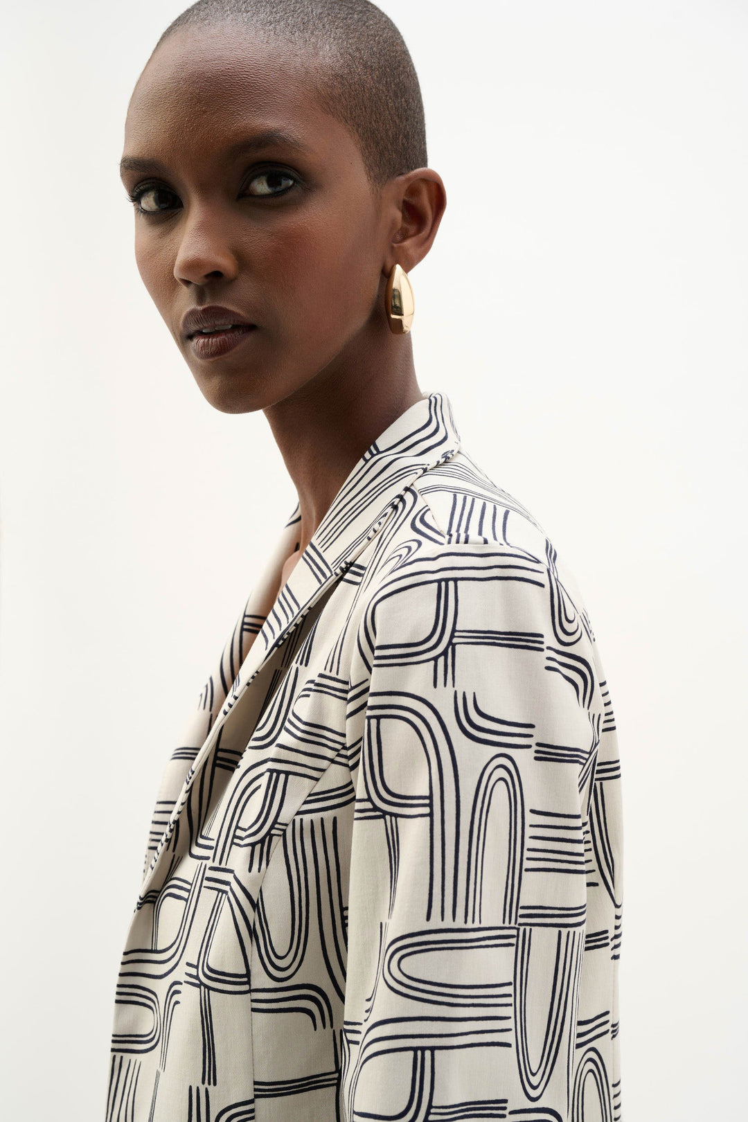Joseph Ribkoff Millennium Geometric Print Straight-Cut Jacket in Moonstone/Midnight Blue available at Barbara Katz