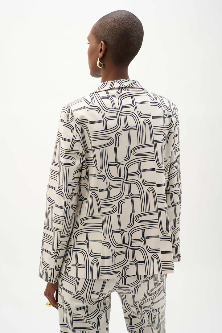 Joseph Ribkoff Millennium Geometric Print Straight-Cut Jacket in Moonstone/Midnight Blue available at Barbara Katz