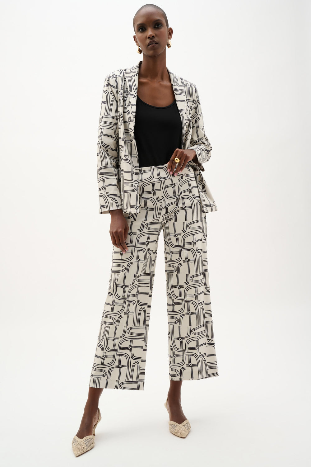 Joseph Ribkoff Millennium Geometric Print Wide Leg Pants in Moonstone/Midnight Blue available at Barbara Katz