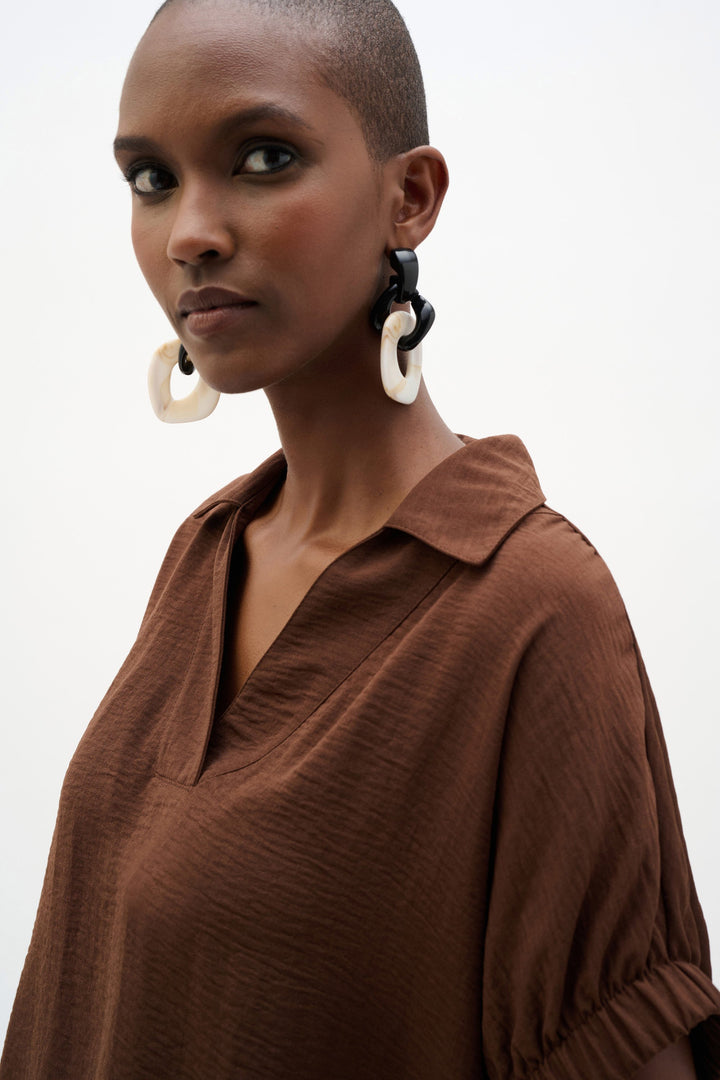 Joseph Ribkoff Gauze Boxy Top in Mahogany available at Barbara Katz