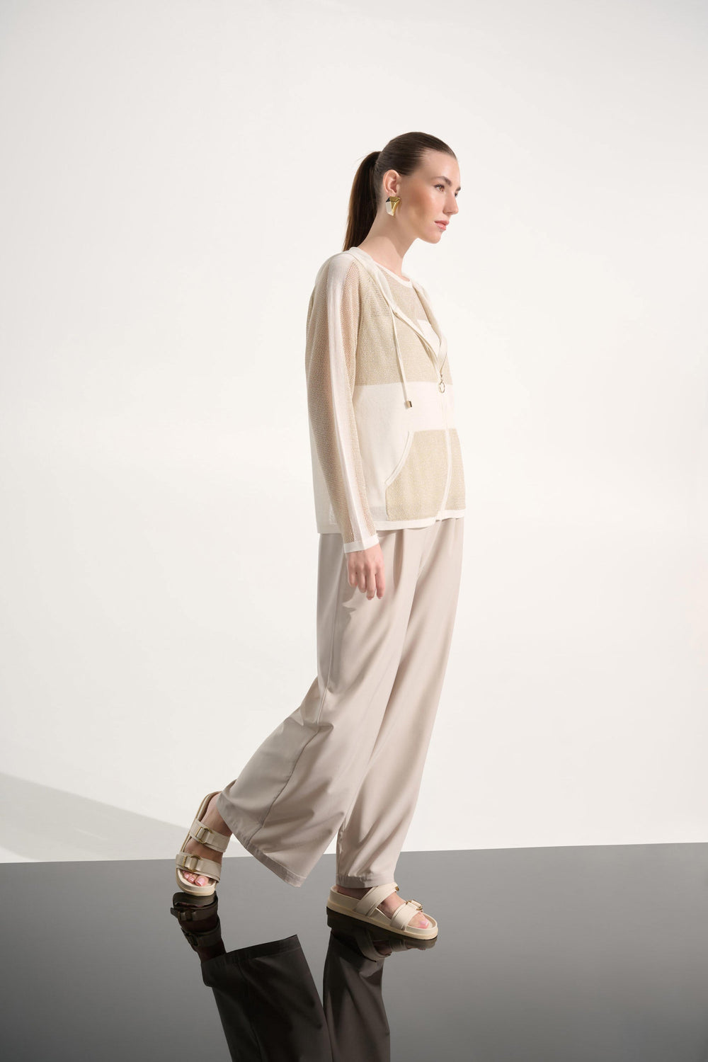 Joseph Ribkoff Soft Knit Hooded Zip Jacket in Vanilla/Gold available at Barbara Katz