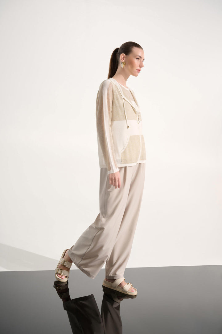 Joseph Ribkoff Soft Knit Hooded Zip Jacket in Vanilla/Gold available at Barbara Katz