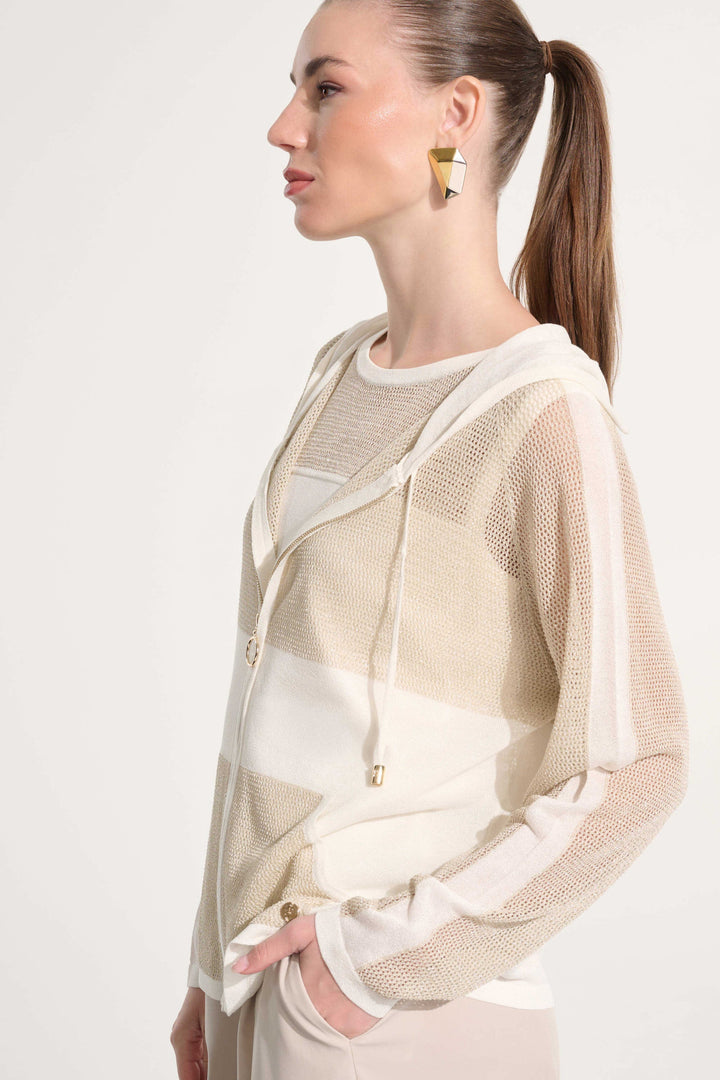 Joseph Ribkoff Soft Knit Hooded Zip Jacket in Vanilla/Gold available at Barbara Katz