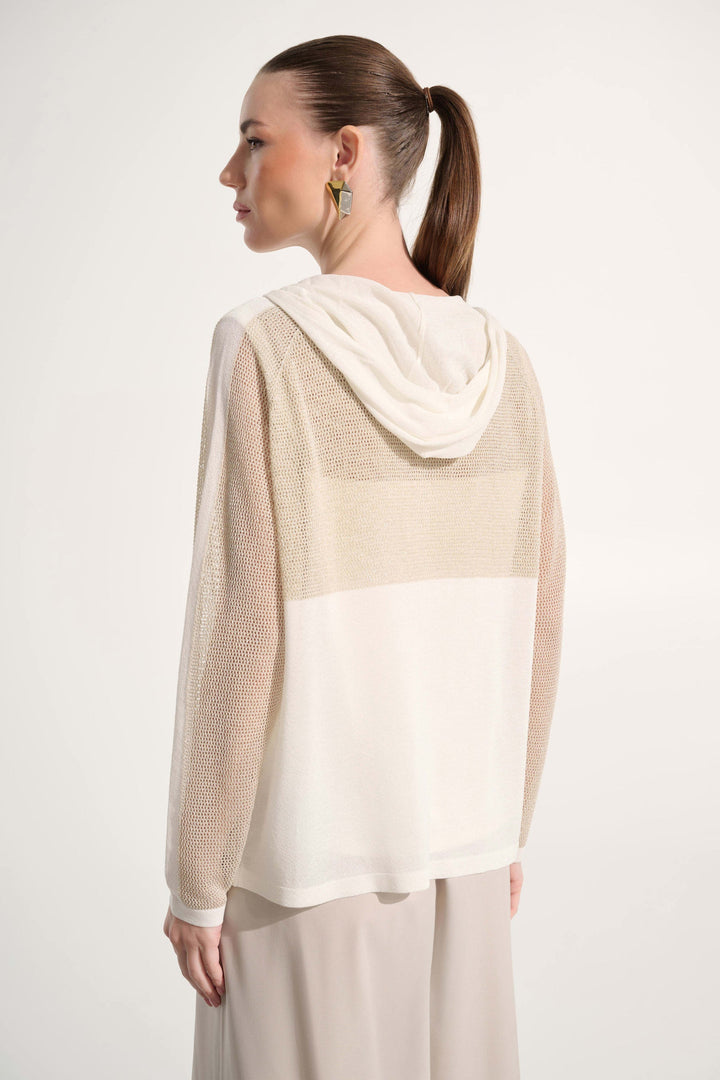 Joseph Ribkoff Soft Knit Hooded Zip Jacket in Vanilla/Gold available at Barbara Katz