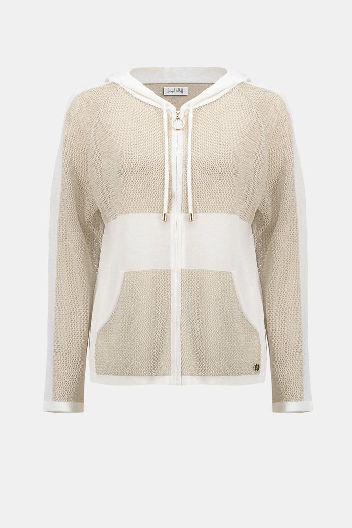 Joseph Ribkoff Soft Knit Hooded Zip Jacket in Vanilla/Gold available at Barbara Katz