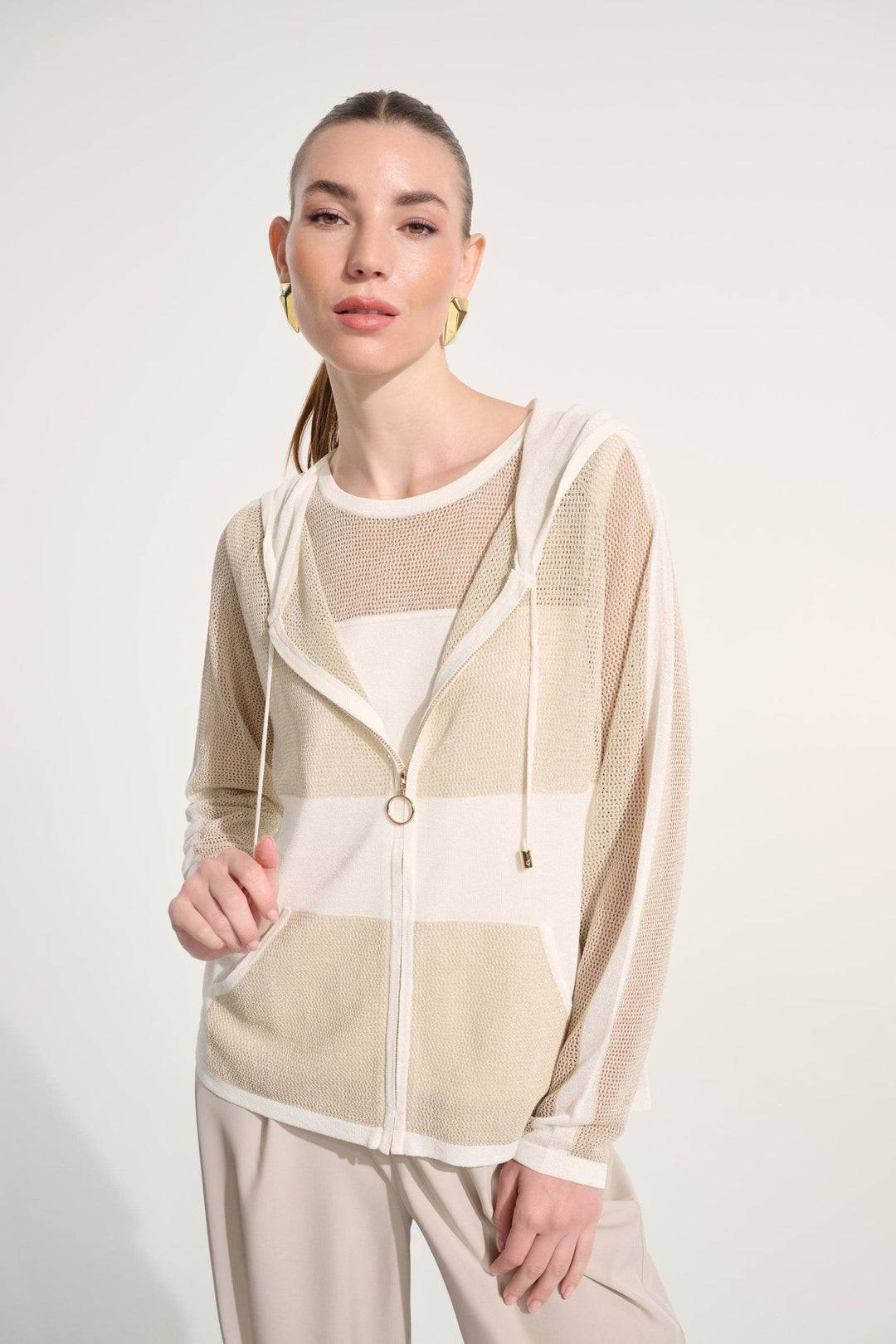 Joseph Ribkoff Soft Knit Hooded Zip Jacket in Vanilla/Gold available at Barbara Katz