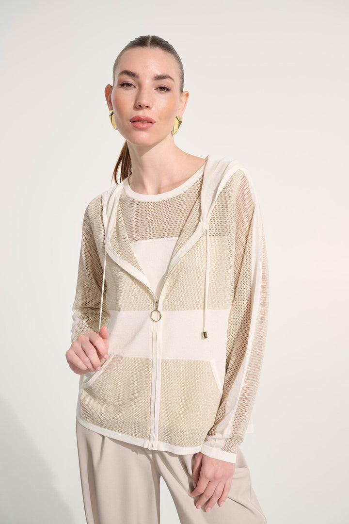 Joseph Ribkoff Soft Knit Hooded Zip Jacket in Vanilla/Gold available at Barbara Katz