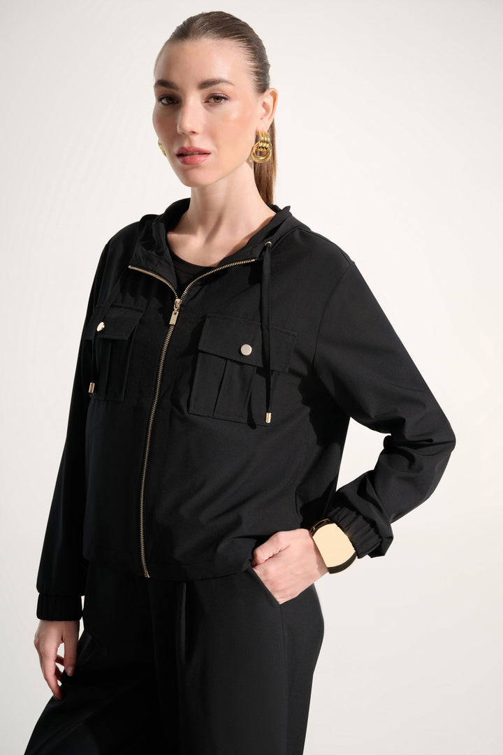 Joseph Ribkoff Stretch Woven Hooded Boxy Utility Jacket in Black available at Barbara Katz