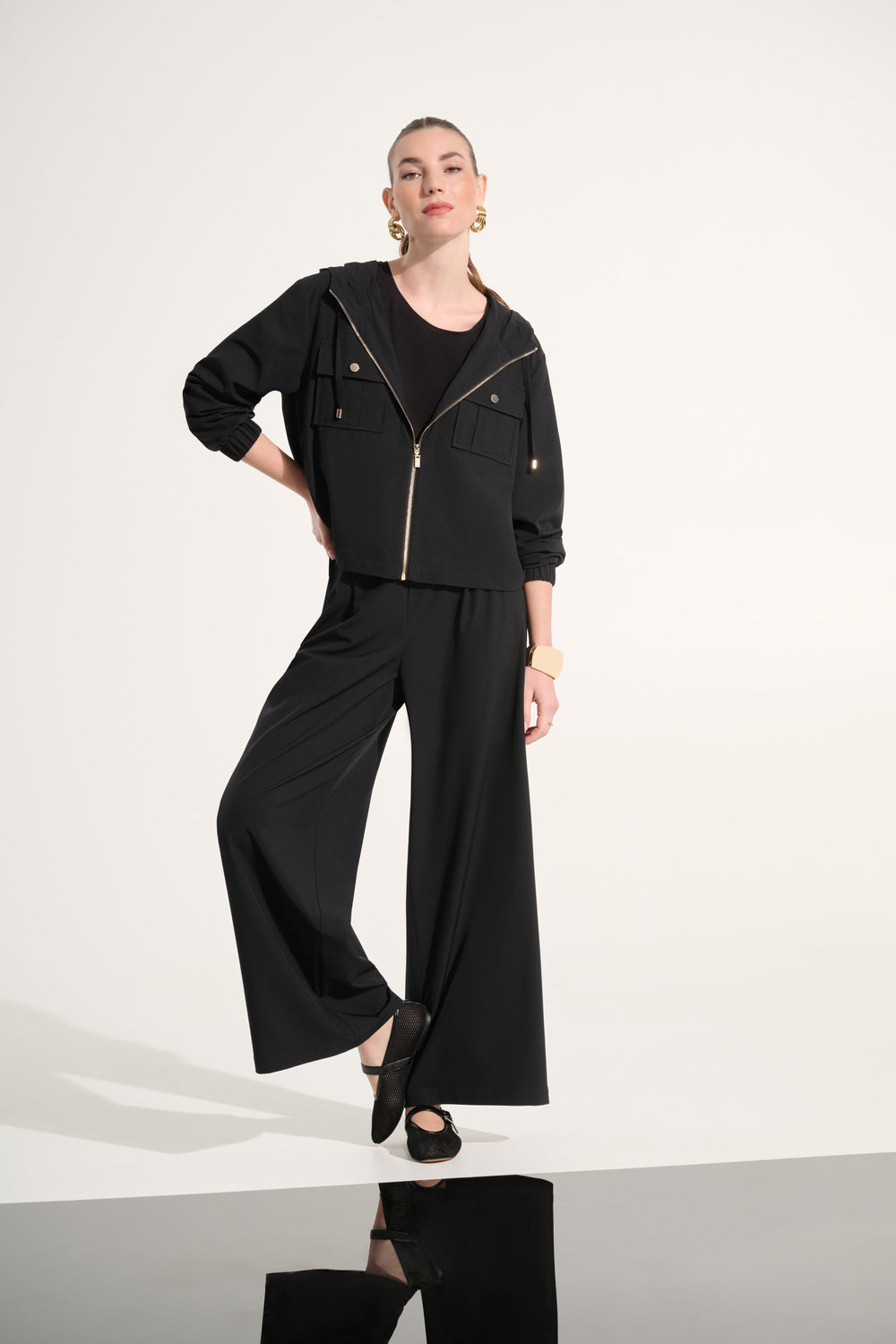 Joseph Ribkoff Stretch Woven Hooded Boxy Utility Jacket in Black available at Barbara Katz