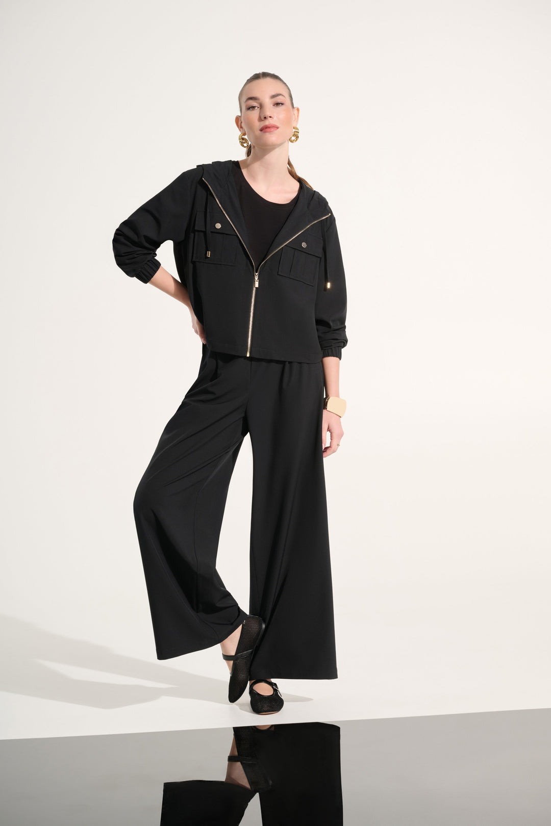 Joseph Ribkoff Stretch Woven Hooded Boxy Utility Jacket in Black available at Barbara Katz