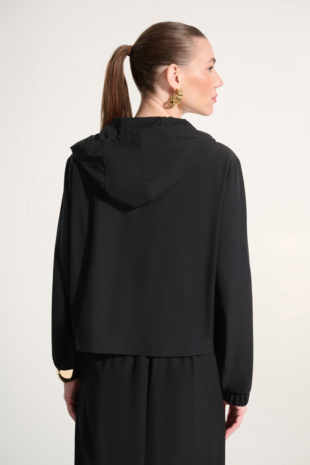 Joseph Ribkoff Stretch Woven Hooded Boxy Utility Jacket in Black available at Barbara Katz