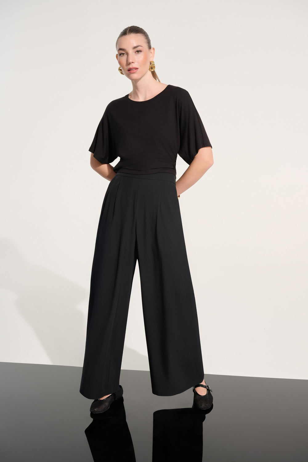 Joseph Ribkoff Stretch Woven Pull-On Wide Leg Pants in Black available at Barbara Katz