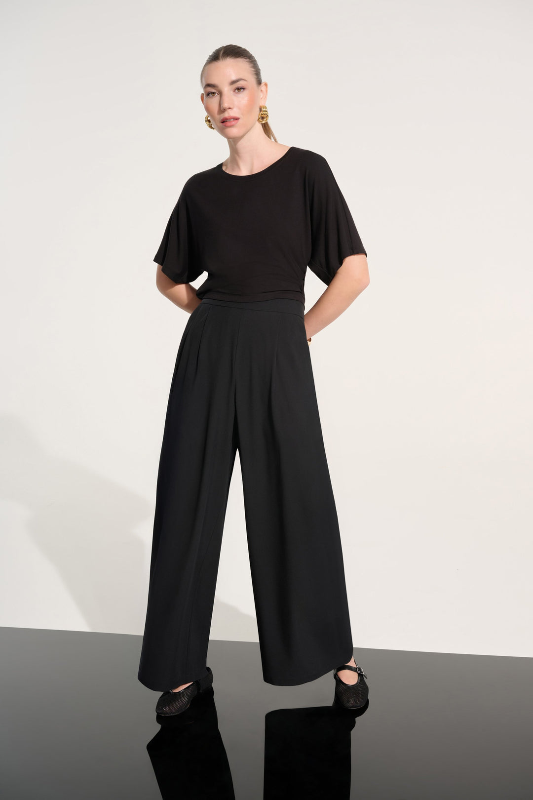 Joseph Ribkoff Stretch Woven Pull-On Wide Leg Pants in Black available at Barbara Katz