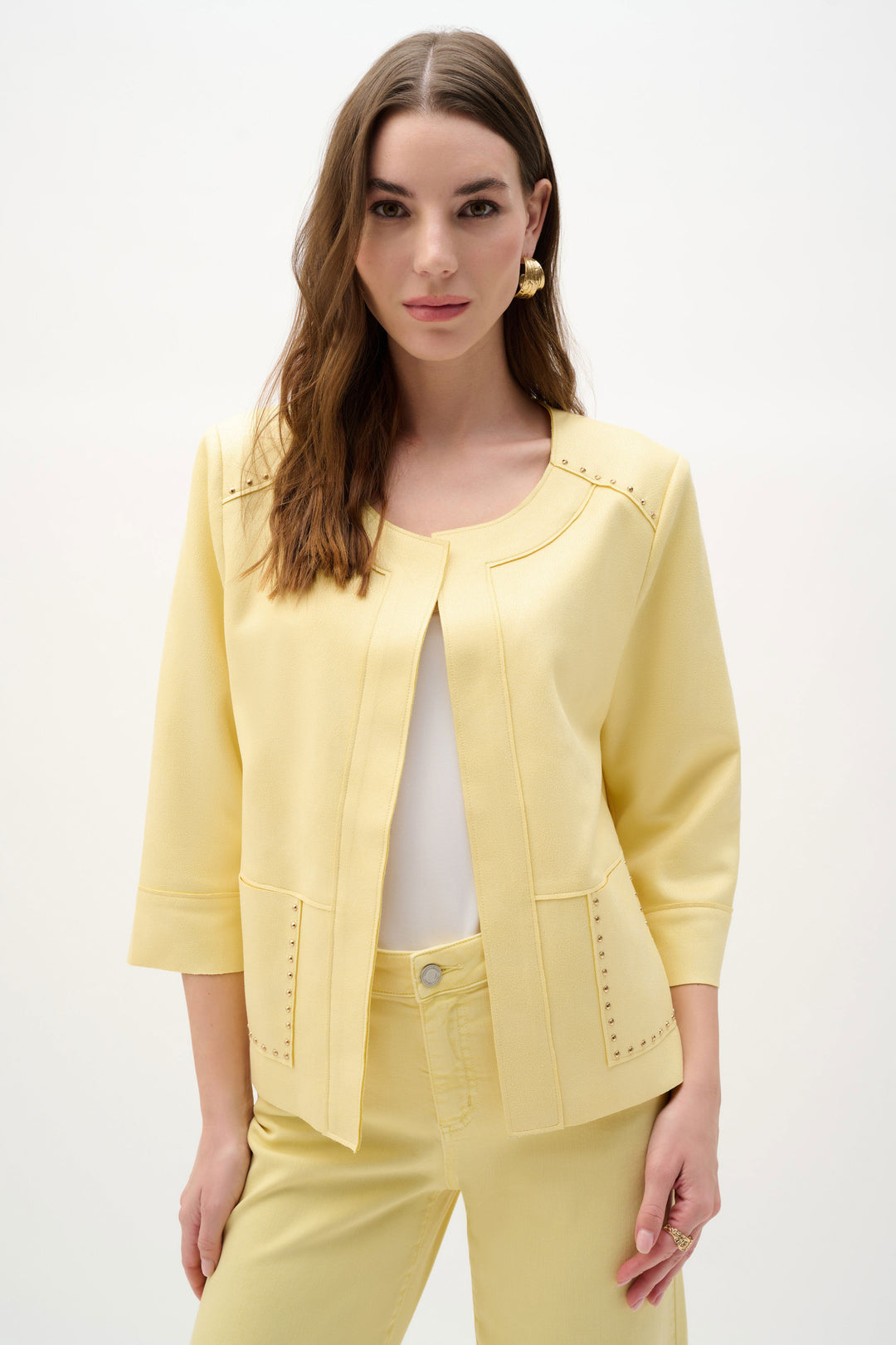 Joseph Ribkoff Foiled Scuba Suede Studded Boxy Jacket in Mellow Yellow available at Barbara Katz
