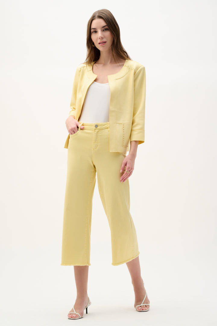 Joseph Ribkoff Foiled Scuba Suede Studded Boxy Jacket in Mellow Yellow available at Barbara Katz
