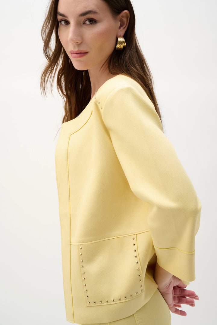 Joseph Ribkoff Foiled Scuba Suede Studded Boxy Jacket in Mellow Yellow available at Barbara Katz