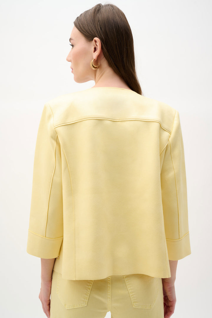 Joseph Ribkoff Foiled Scuba Suede Studded Boxy Jacket in Mellow Yellow available at Barbara Katz