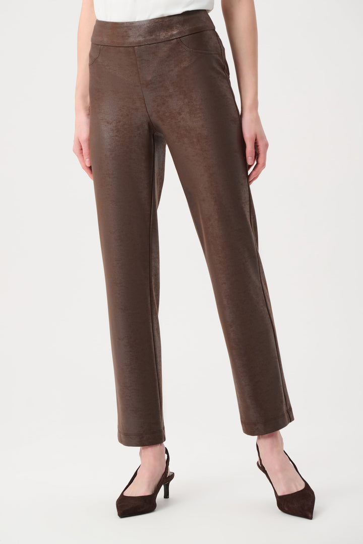 Foiled Silky Knit Straight Pull-On Pants - Brown