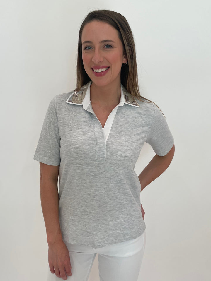 Margittes Sequin Collar Short Sleeve Polo in Silver Melange available at Barbara Katz