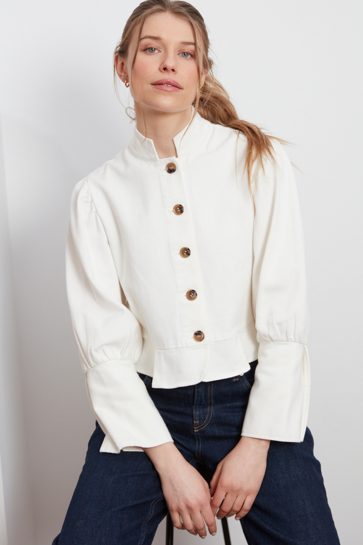 Adroit Atelier Celia Button-Front Short Denim Jacket in Off White available at Barbara Katz
