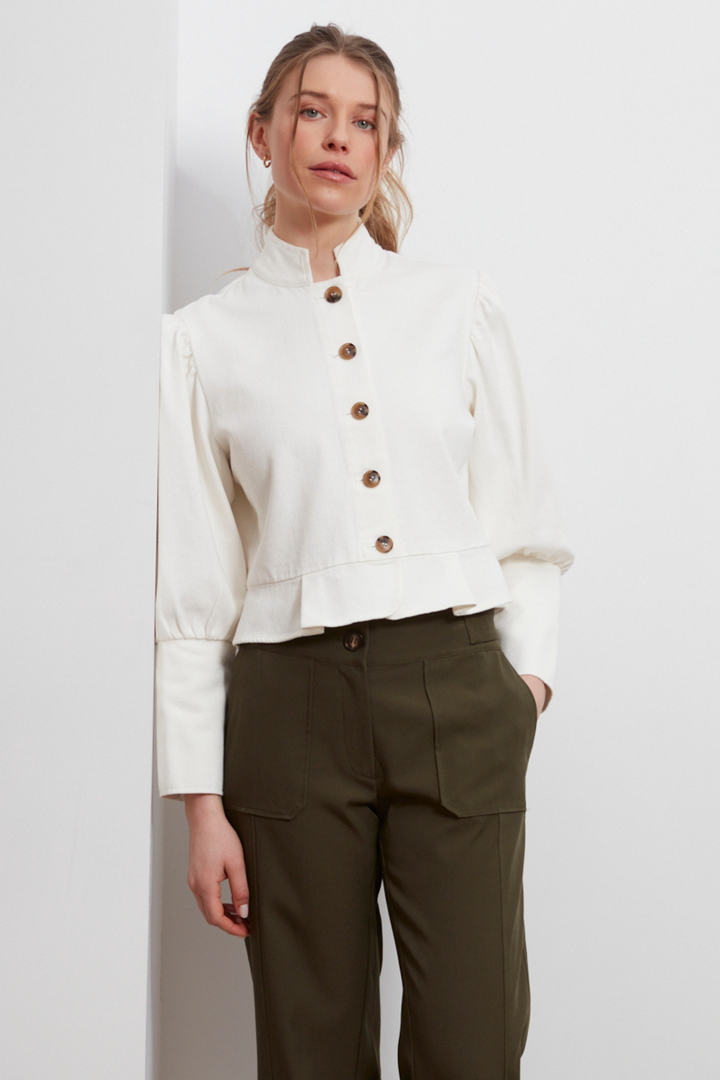 Adroit Atelier Celia Button-Front Short Denim Jacket in Off White available at Barbara Katz