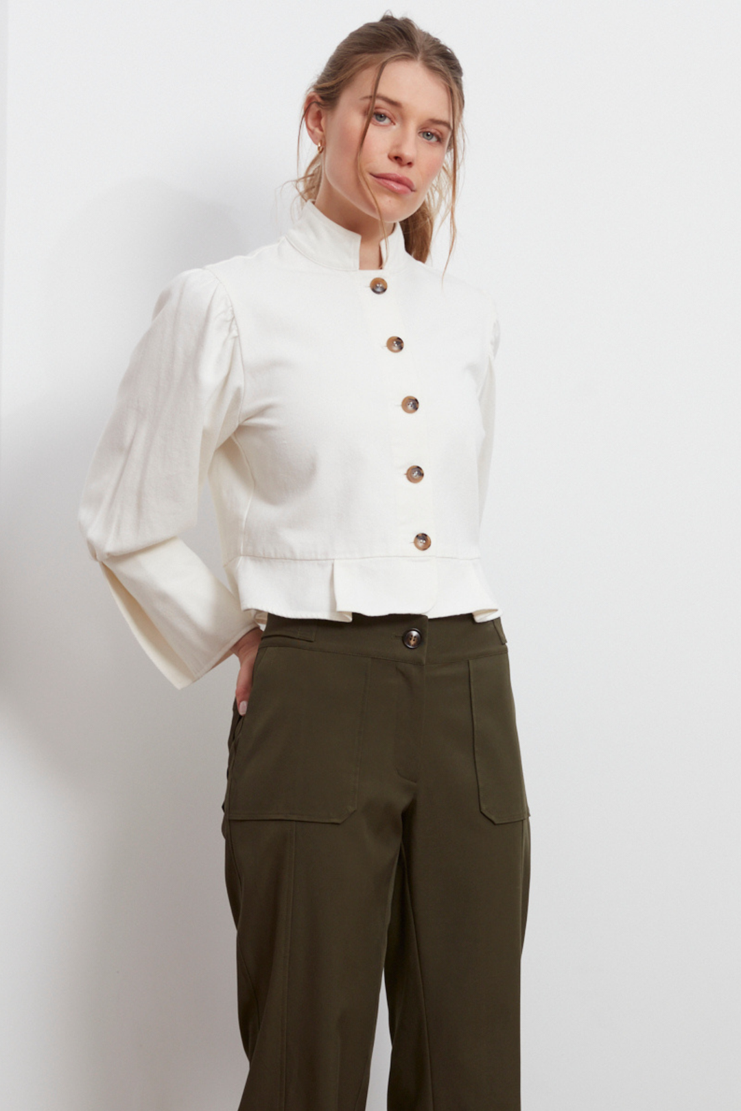 Adroit Atelier Celia Button-Front Short Denim Jacket in Off White available at Barbara Katz