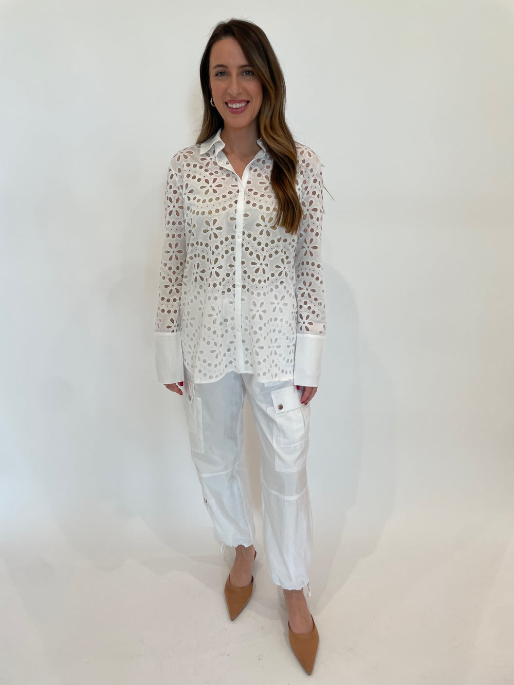 Leo & Ugo Flower Button Down Shirt in White paired with Cinq a Sept Nitsan Parachute Pants in White available at Barbara Katz