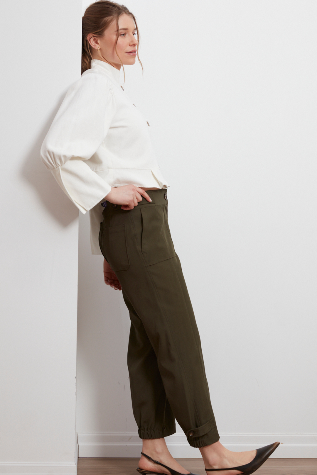 Adroit Atelier Celia Button-Front Short Denim Jacket in Off White available at Barbara Katz