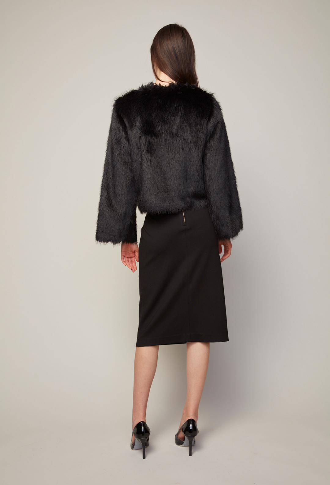 Adroit Atelier Blaine Collarless Faux Fur Jacket in Black available at Barbara Katz