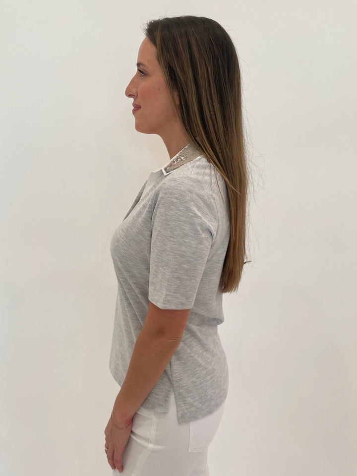 Margittes Sequin Collar Short Sleeve Polo in Silver Melange available at Barbara Katz