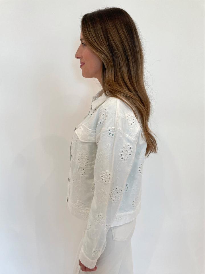 Elliott Lauren Eye Contact Eyelet Long Sleeve Jacket in White available at Barbara Katz