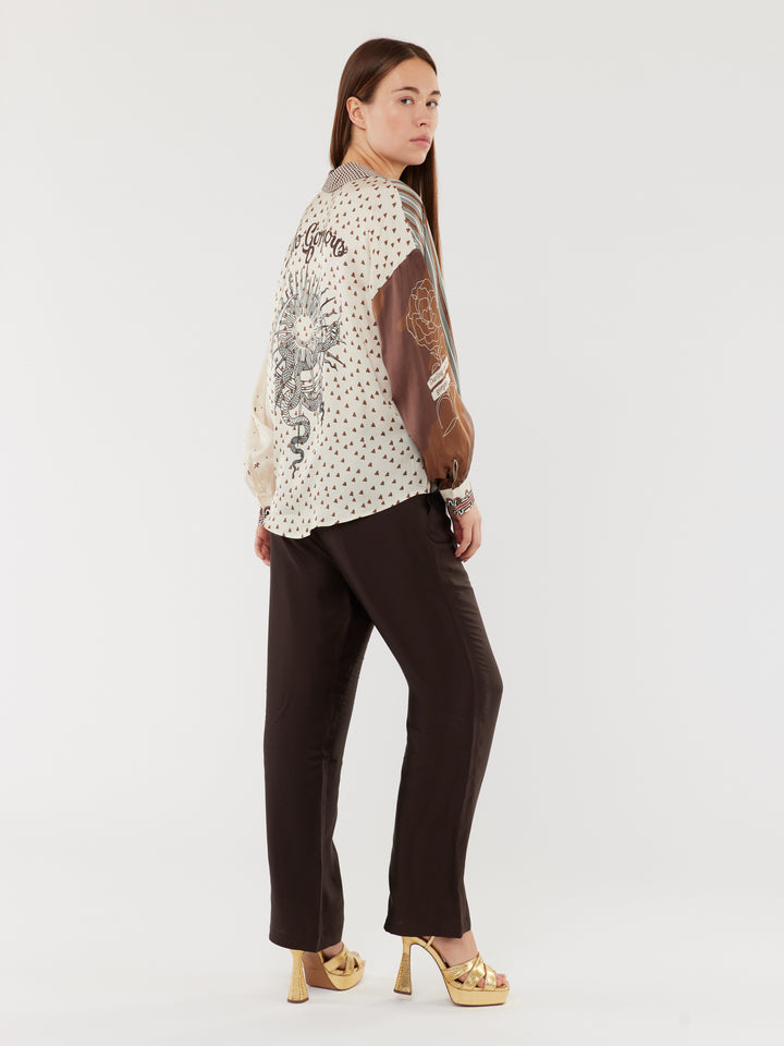 ME369 Sofia Tie Front Blouse - Chocolate