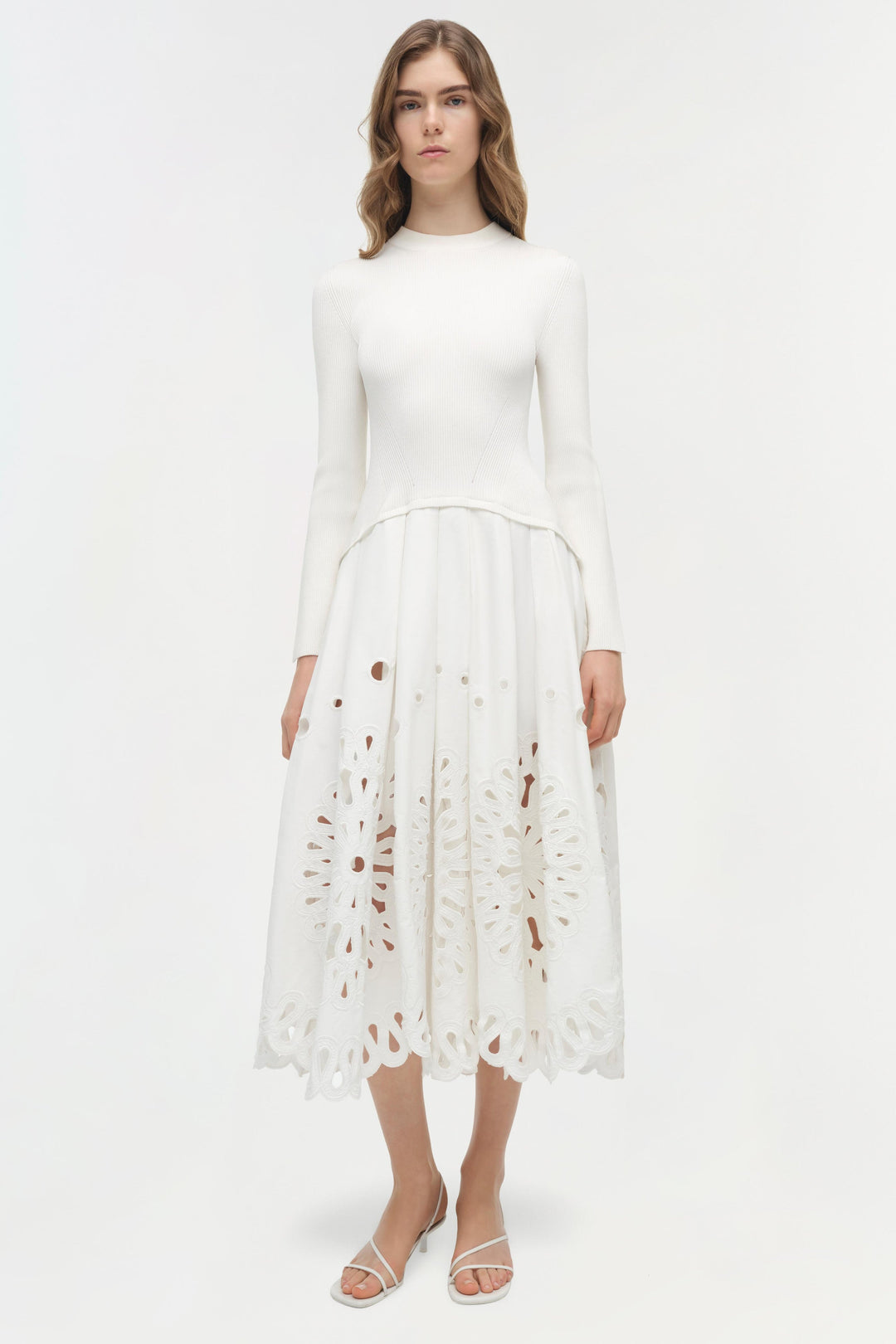 Daila Broderie Anglaise Embroidered Knit Midi Dress - White / M Daila Broderie Anglaise Embroidered Knit Midi Dress - White / M