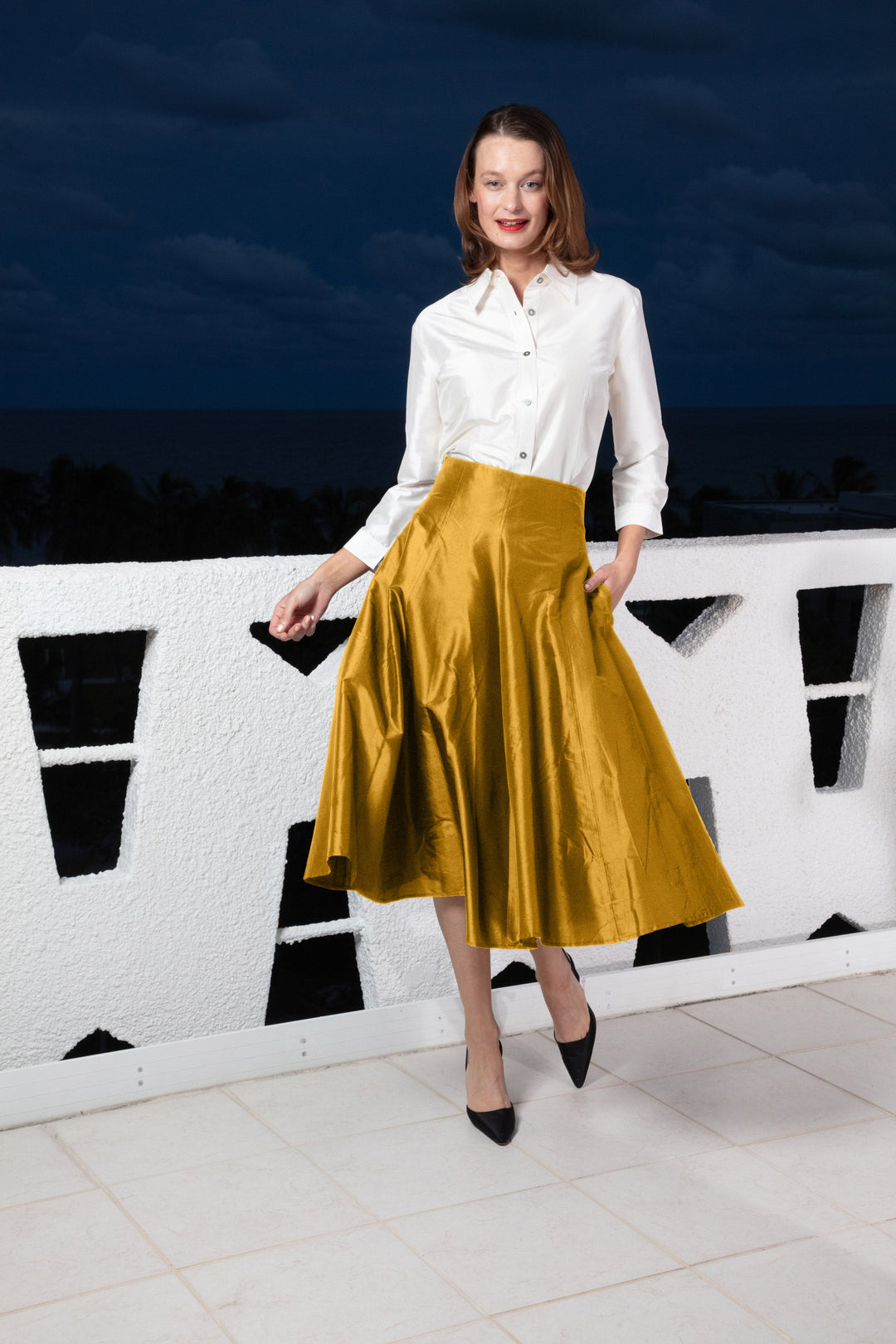 Dizzy-Lizzie Mid-Calf Silk Skirt in Gold available at Barbara Katz