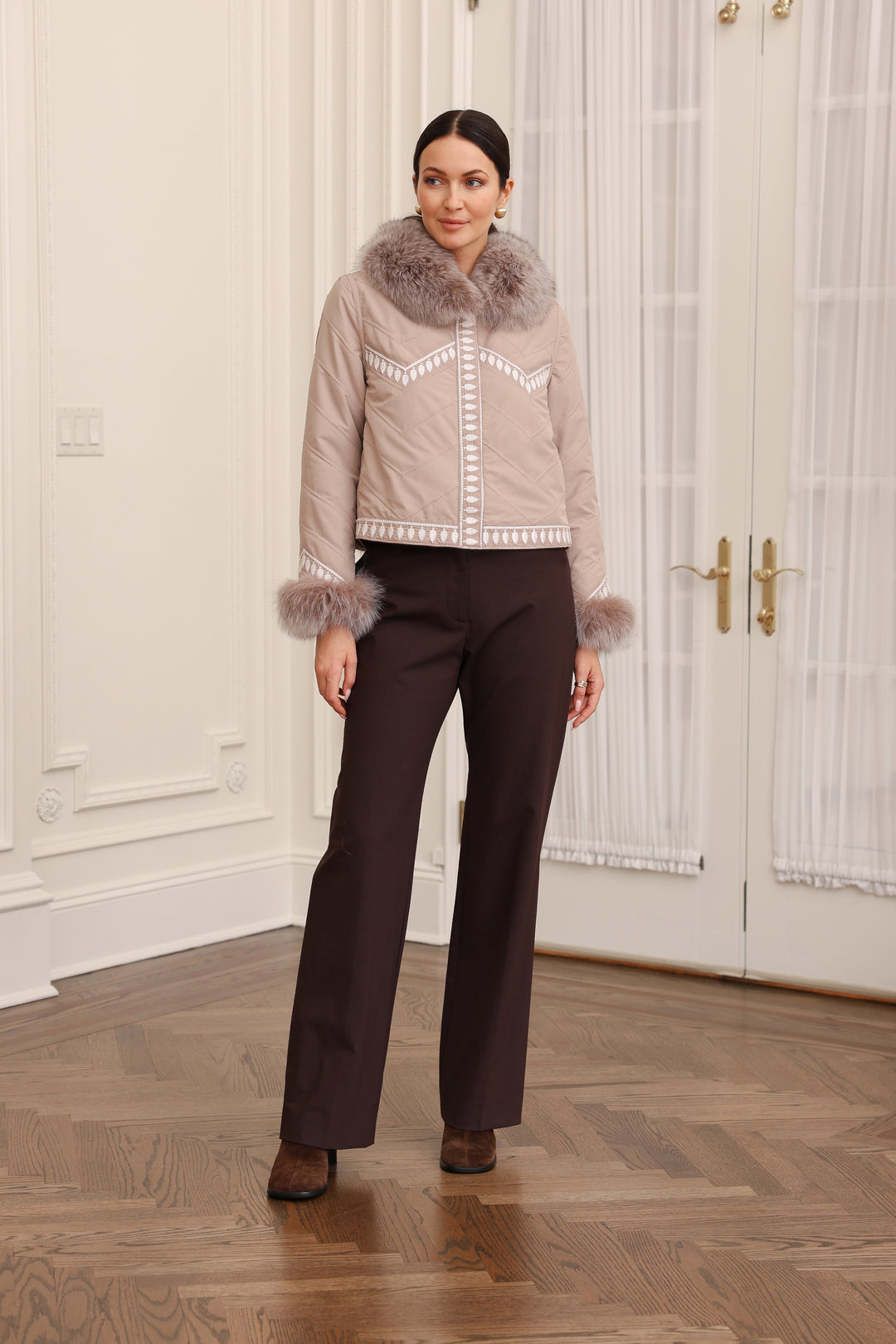 Embroidered Reversible Silk to Fox Jacket in Caffe Latte