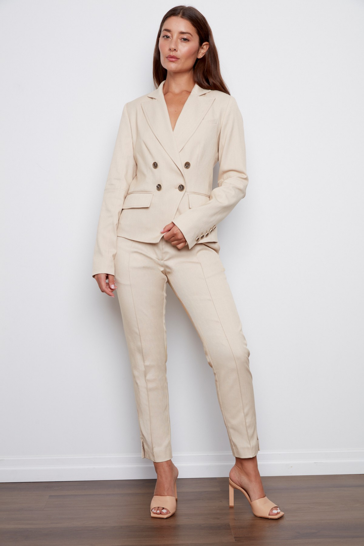 Adroit Atelier Carlisle Double Breasted Stretch Signature Blazer in Sand available at Barbara Katz