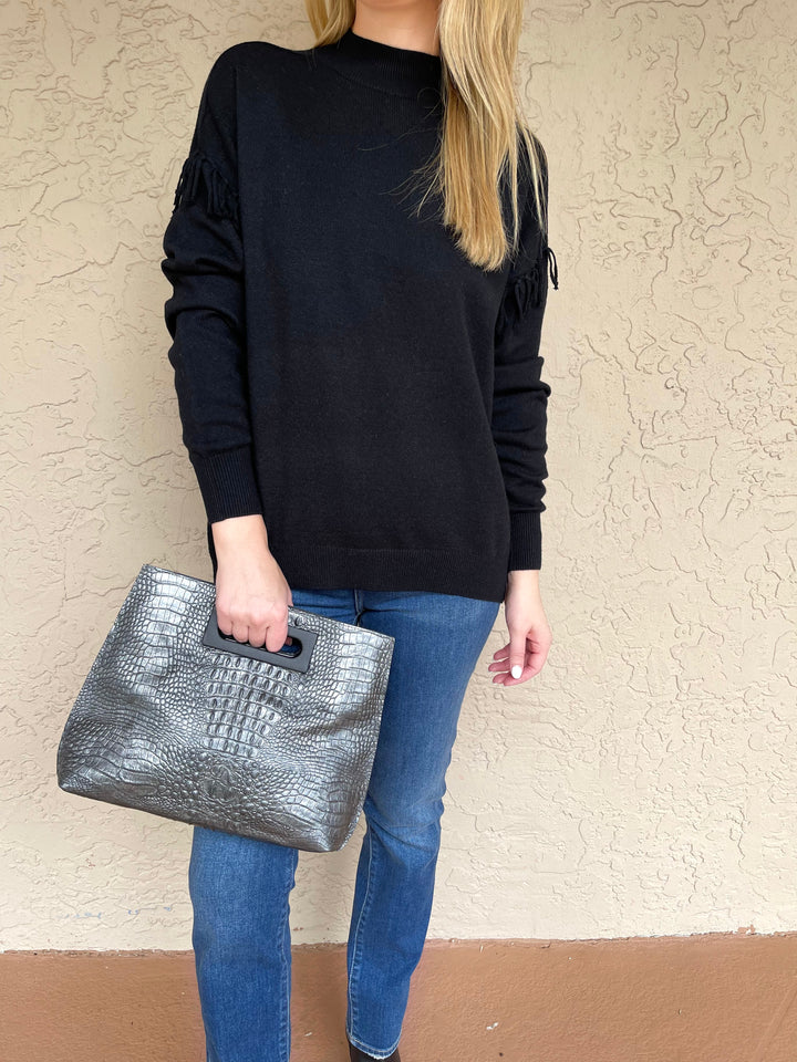 Elliott Lauren Fringe Mock Neck Sweater - Black