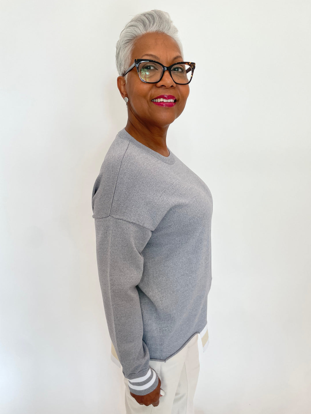 Billie Nancy Long Sleeve Knit Sweater With Stripes in Grey/Beige/White available at Barbara Katz
