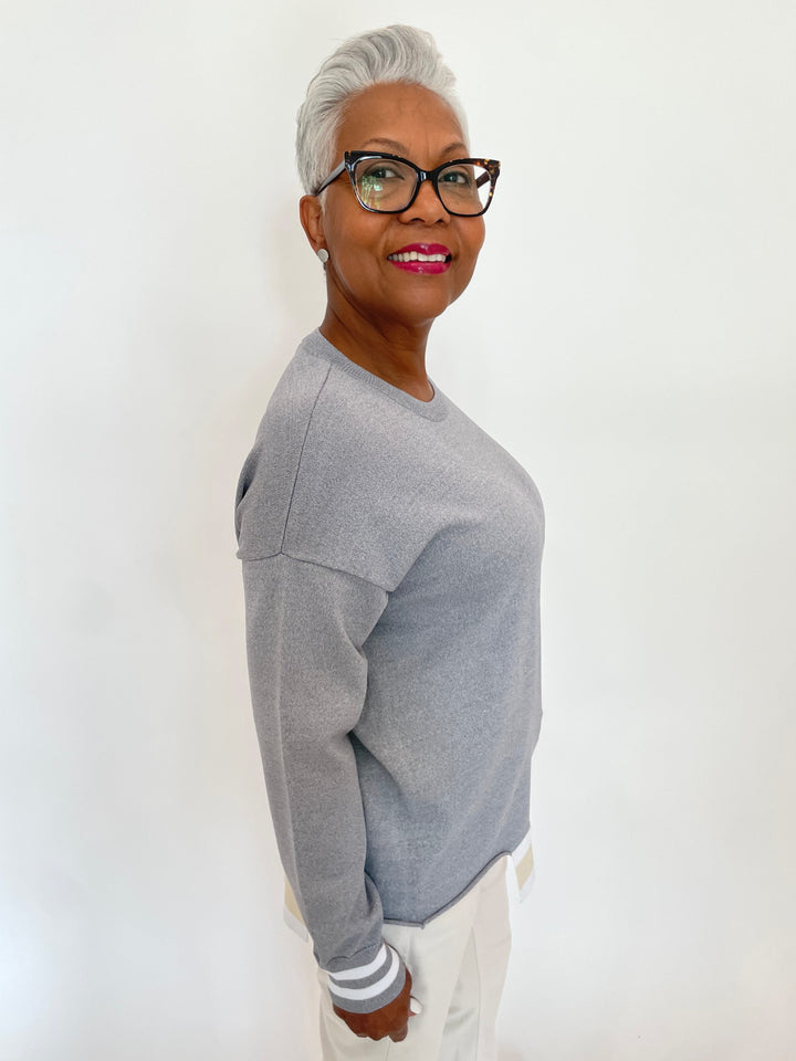Billie Nancy Long Sleeve Knit Sweater With Stripes in Grey/Beige/White available at Barbara Katz