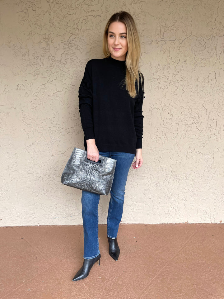 Elliott Lauren Fringe Mock Neck Sweater - Black