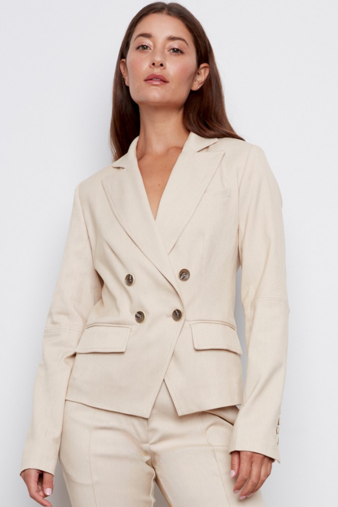 Adroit Atelier Carlisle Double Breasted Stretch Signature Blazer in Sand available at Barbara Katz