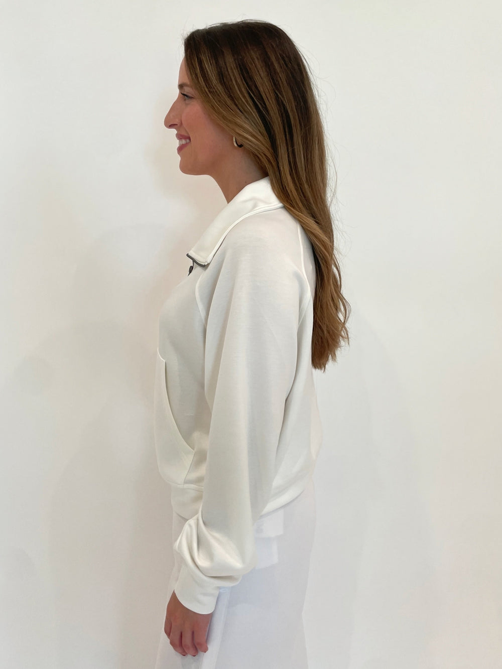 BK Nina Half-Zip Long Sleeve Sweatshirt in White available at Barbara Katz