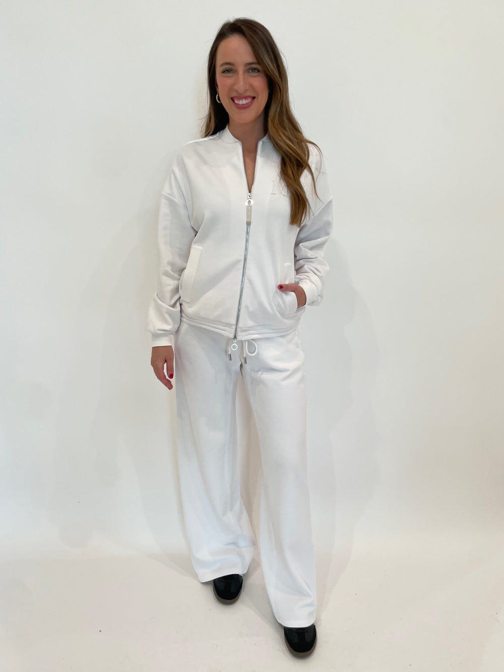 Max Mara MM Dodo Sweatshirt in Optical White paired with matching MM Veles Jersey Trousers in Optical White available at Barbara Katz