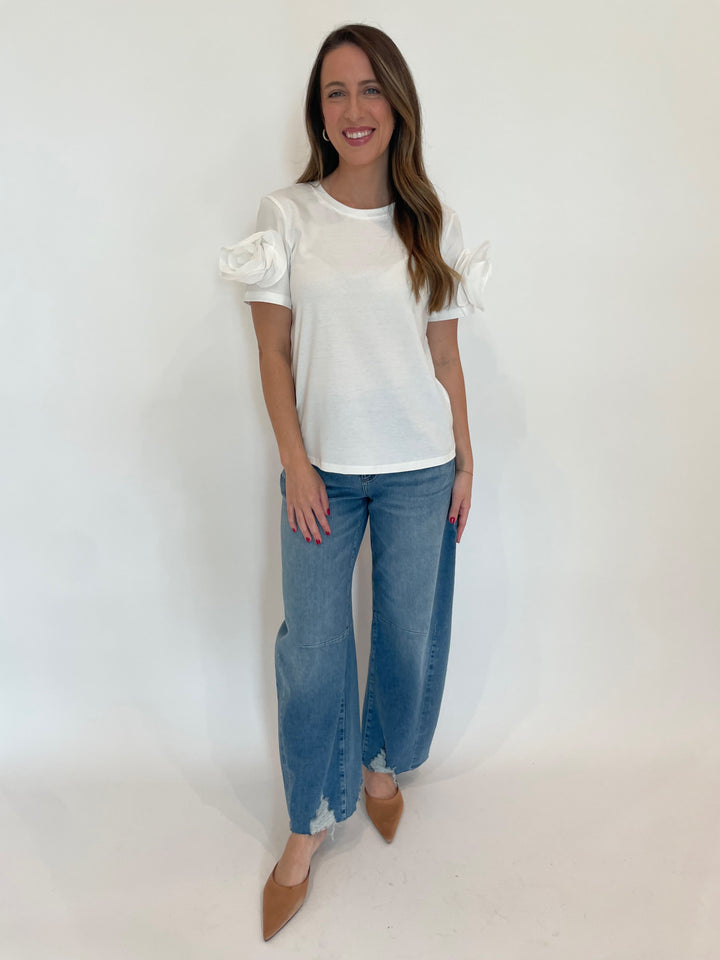 Leo & Ugo Taty Rose Flower Top in White paired with MAC Dakota Barrel Leg Jeans available at Barbara Katz