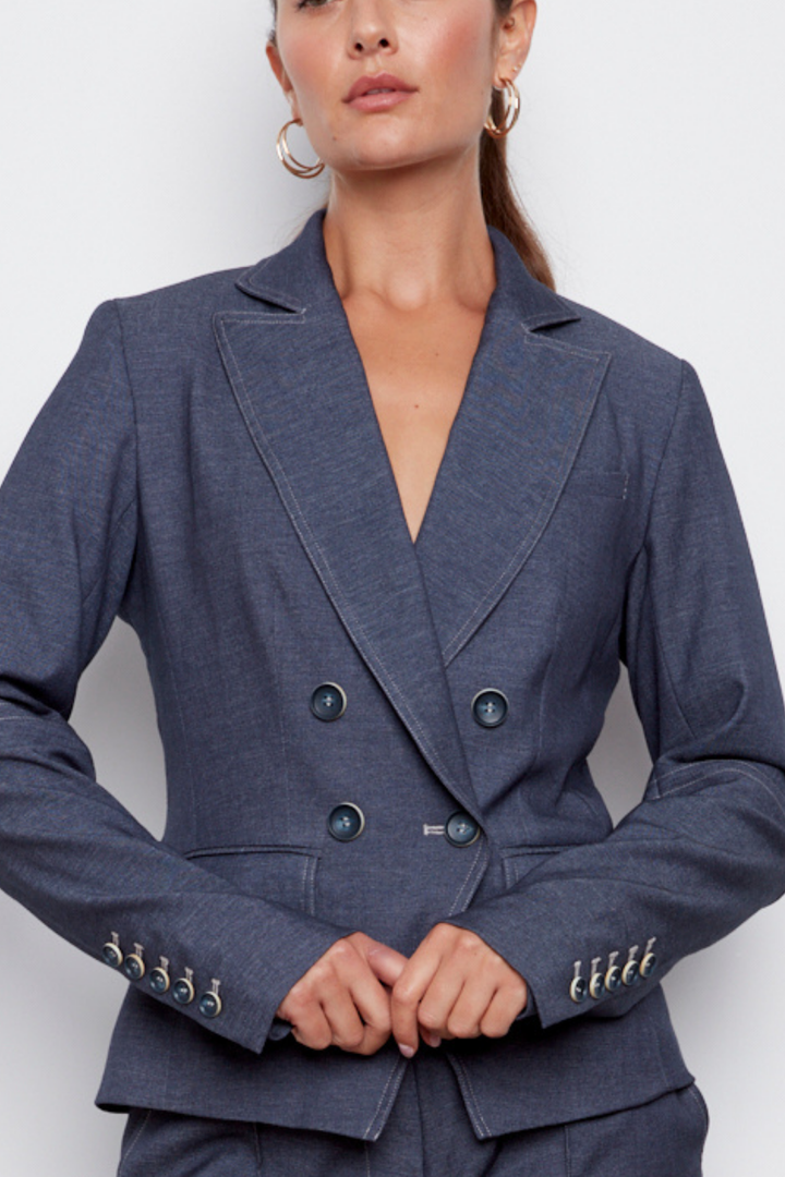 Adroit Atelier Carlisle Double Breasted Stretch Signature Blazer in Navy available at Barbara Katz