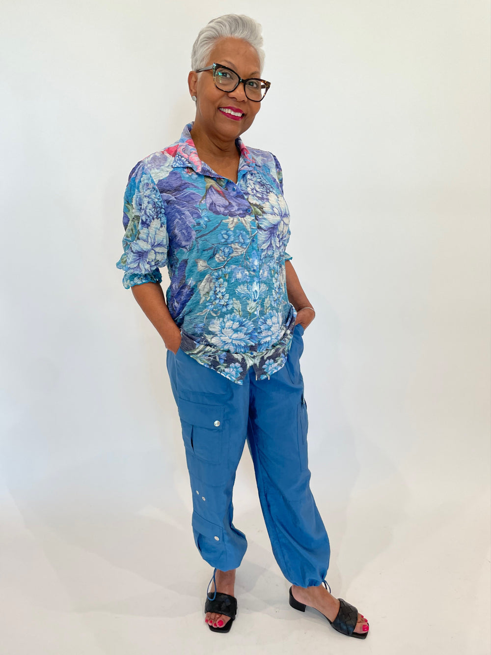 David Cline Airy Smock Sleeve Shirt in Vinet paired with Cinq a Sept Nitsan Parachute Pants in Blue Corn available at Barbara Katz
