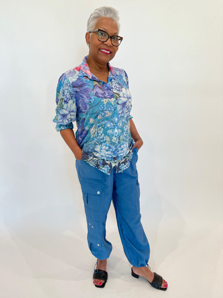 David Cline Airy Smock Sleeve Shirt in Vinet paired with Cinq a Sept Nitsan Parachute Pants in Blue Corn available at Barbara Katz