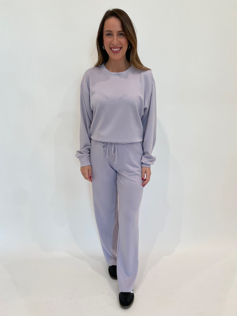 BK Roci Sweatshirt in Lilac Grey paired with matching BK Roci Sweatpants in Lilac Grey available at Barbara Katz