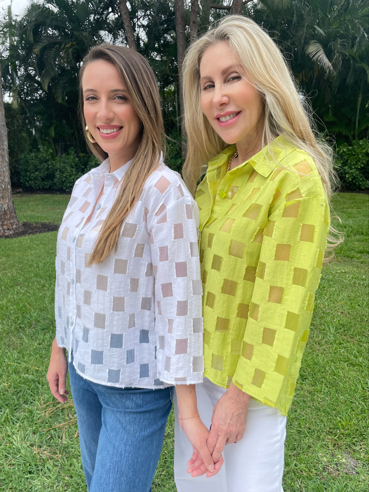 LIV by Habitat Alina Outside The Box 3/4 Sleeve Tunic in White and Lime Green available at Barbara Katz