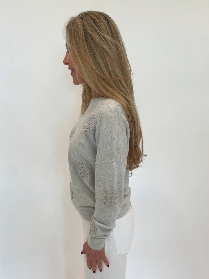 J Society Embroidered Flower Long Sleeve Sweater in Silver available at Barbara Katz